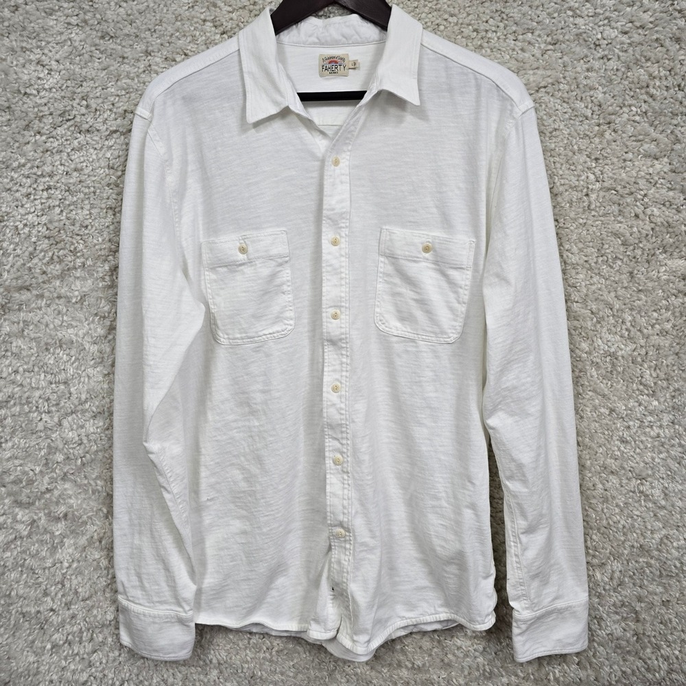 Faherty Slub Knit Button Front Shirt Mens‎ Large White Long Sleeve Pocket READ